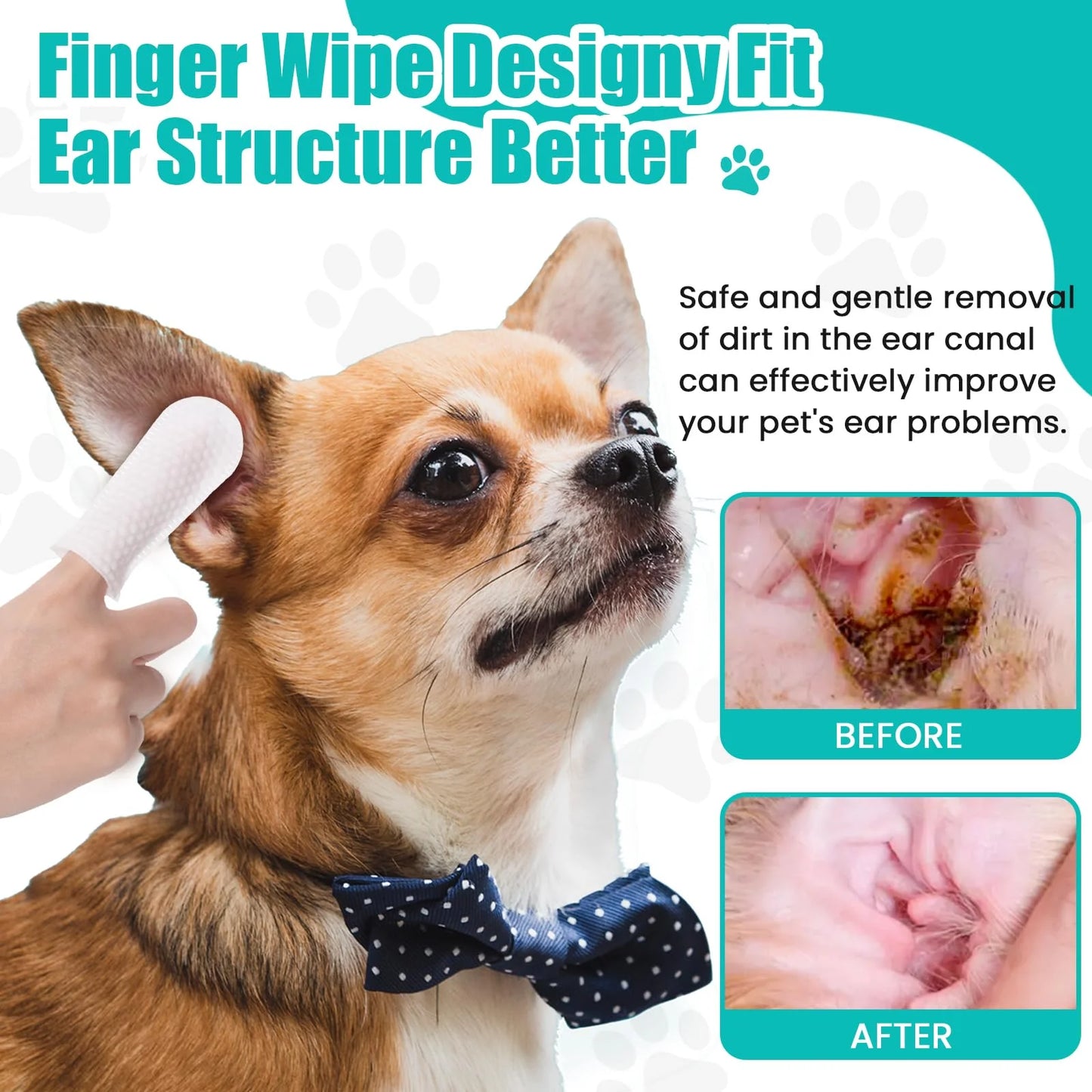 2-Pack Teeth and Ear Cleaner Finger Wipes,Dog and Cat Grooming Kit,Soothing Odor Control,Reduces Dirt and Wax Buildup,Cleans Teeth and Reduces Tartar and Odor,100 Tablets