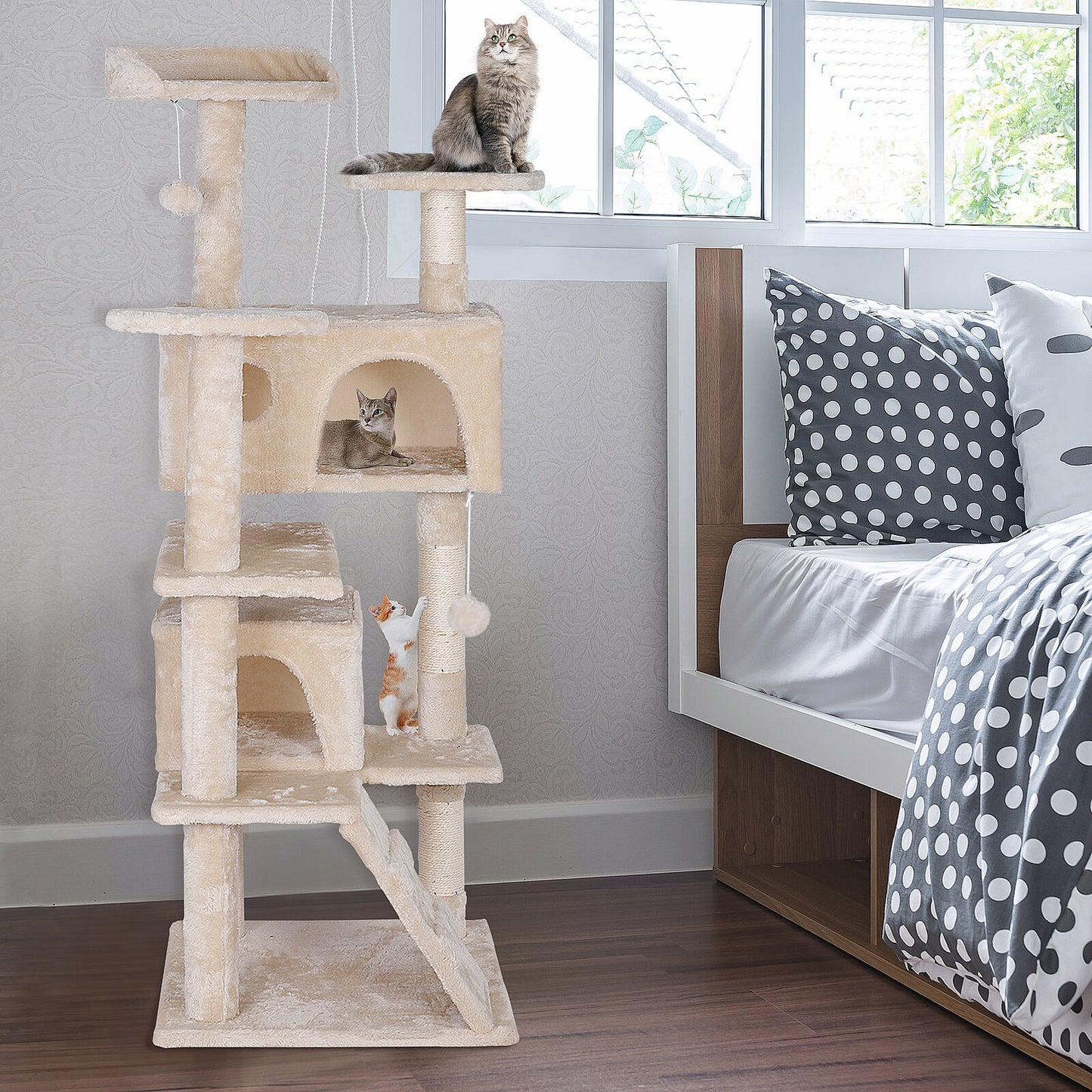 55 Inch Beige Cat Tree Tower Condo Scrathcher Post Activity Center Playing House