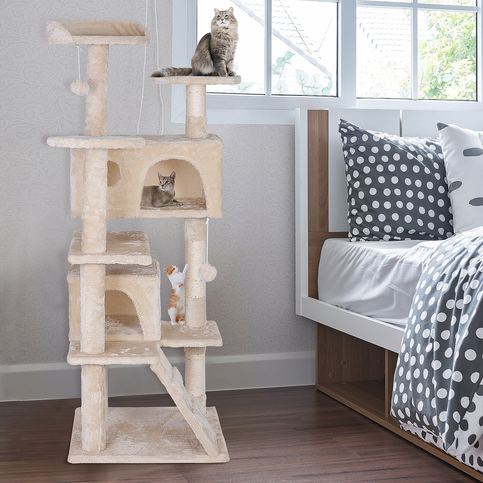 55 Inch Beige Cat Tree Tower Condo Scrathcher Post Activity Center Playing House