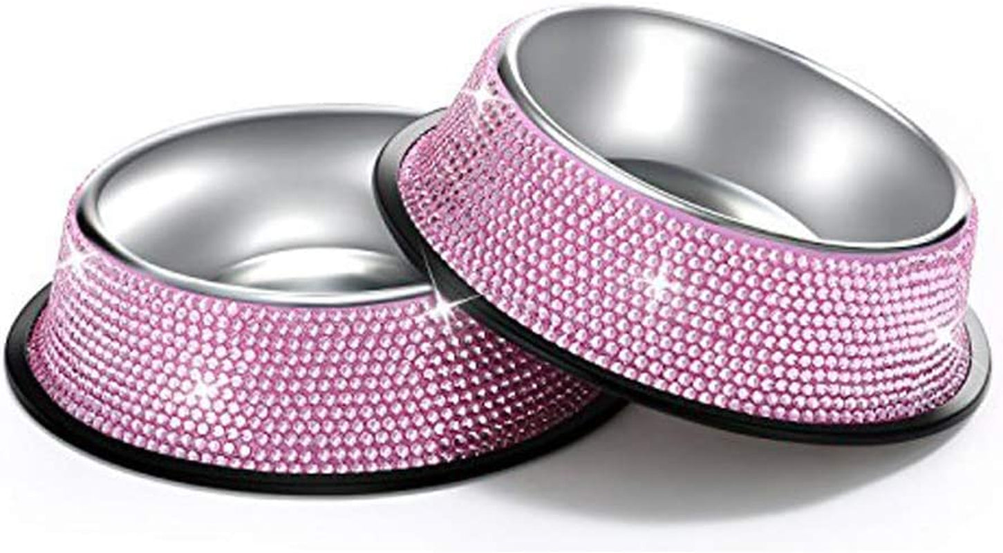 Bling Dog Bowls Pink, 640ML Handmade Bling Rhinestones Stainless Steel Pet Bowls Double Food Water Feeder for Puppy Cats Dogs - Set of 2