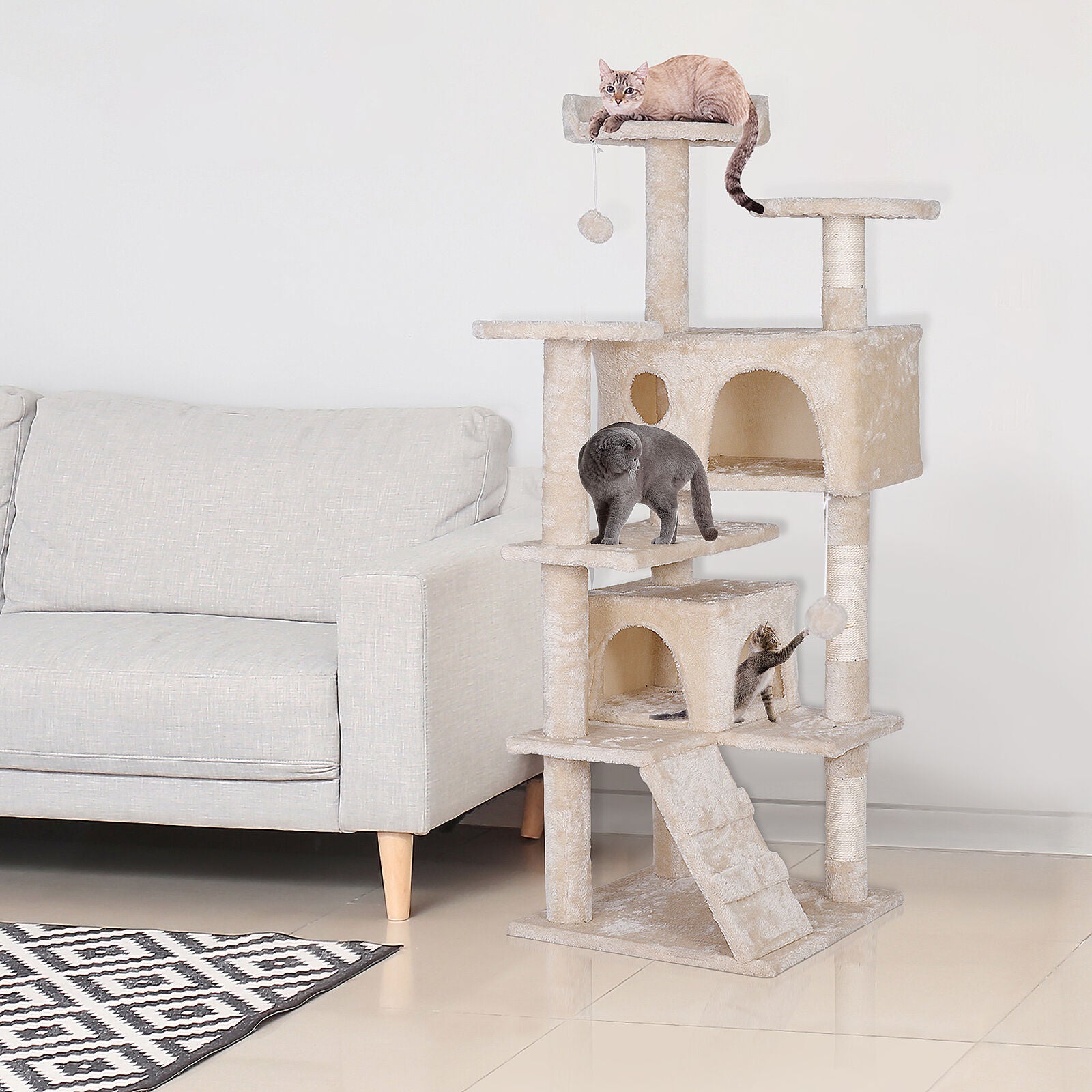 55 Inch Beige Cat Tree Tower Condo Scrathcher Post Activity Center Playing House