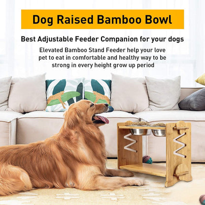 Adjustable Raised Pet Bowls for Cats and Dogs with 2 Stainless Bowls, 5 Heights Bamboo Elevated Stand Pet Feeder with Storage Shelf