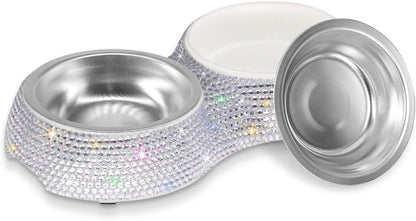 Bling Dog Bowls Pink, 640ML Handmade Bling Rhinestones Stainless Steel Pet Bowls Double Food Water Feeder for Puppy Cats Dogs - Set of 2