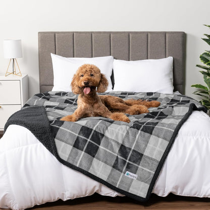 Waterproof Dog Blanket for Queen Bed Large XL Dog Throw for Couch Cover Leakproof Furniture Protection, Sherpa Fleece, Reversible Soft Washable 90X90 Light Gray