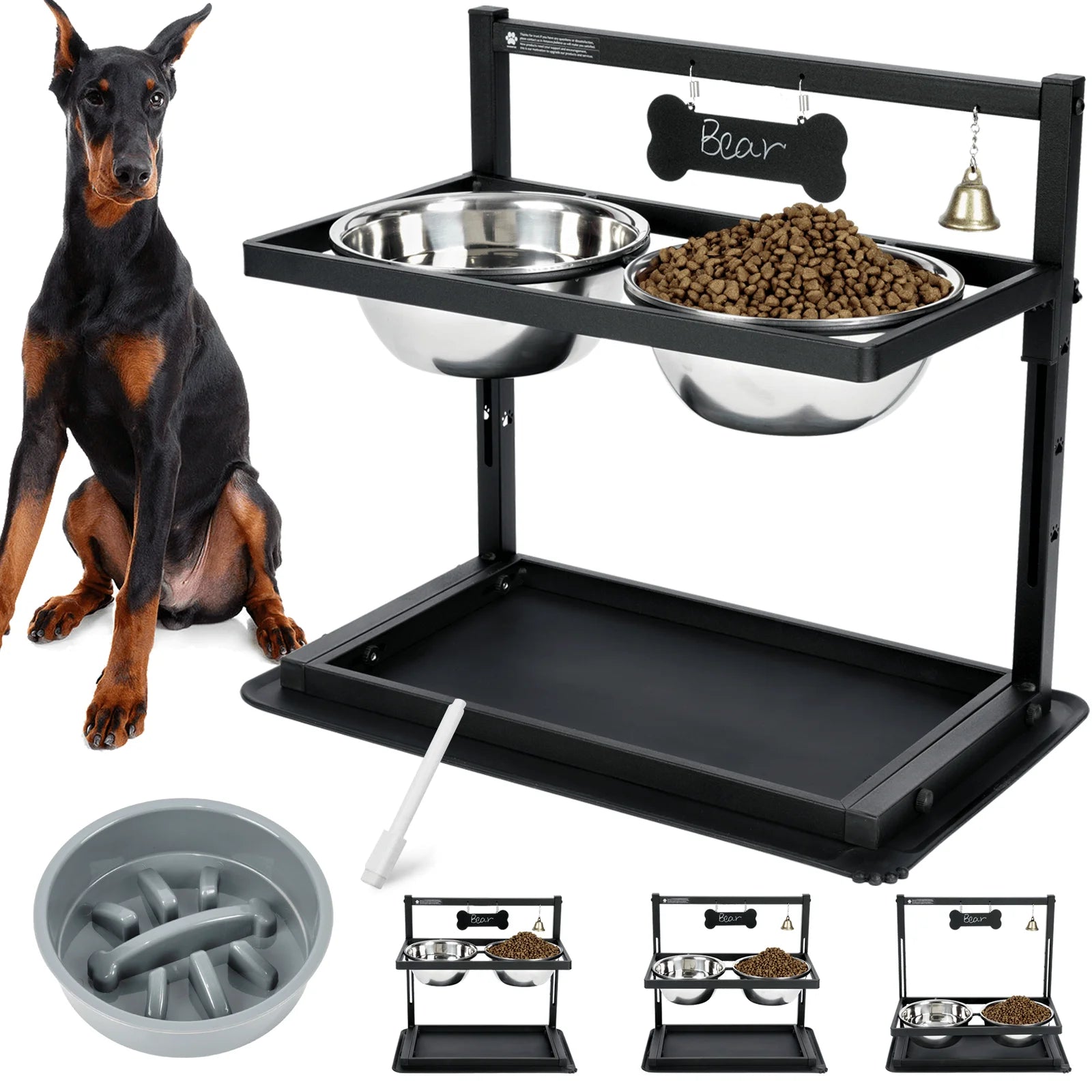 Elevated Slow Feeder Dog Bowls, Height Adjustable with 2 Stainless Steel 1.7L Dog Food Bowls for Small Medium Large Dogs
