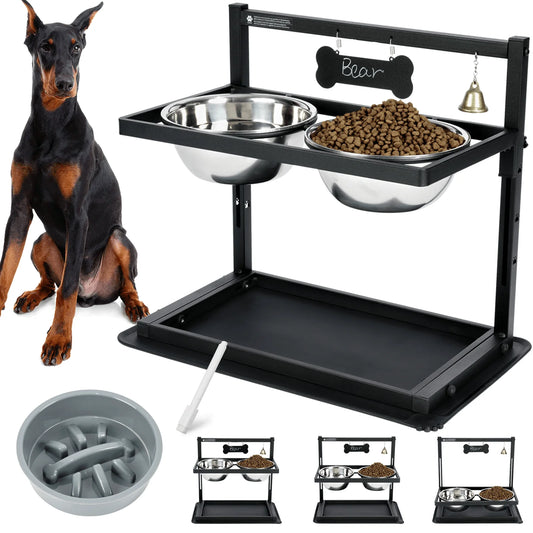 Elevated Slow Feeder Dog Bowls, Height Adjustable with 2 Stainless Steel 1.7L Dog Food Bowls for Small Medium Large Dogs