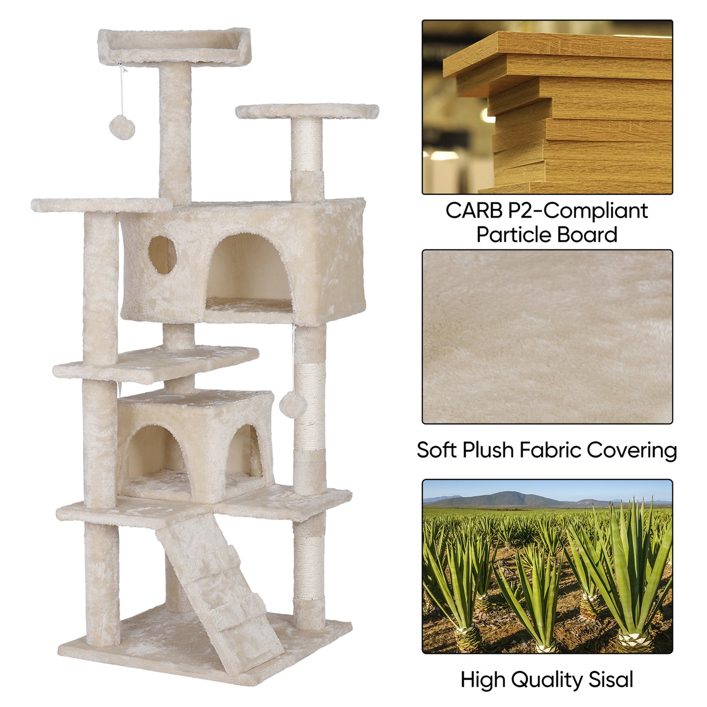 55 Inch Beige Cat Tree Tower Condo Scrathcher Post Activity Center Playing House