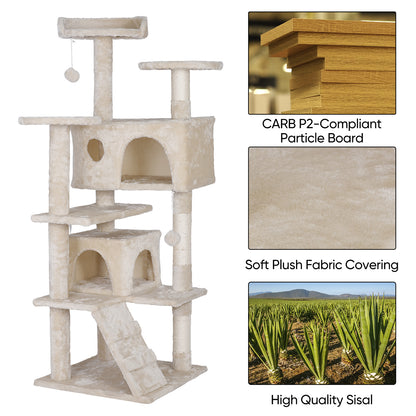 55 Inch Beige Cat Tree Tower Condo Scrathcher Post Activity Center Playing House